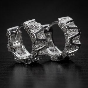 Fully Iced White Gold Plated 925 Sterling Silver Small Men's Hoop Earrings